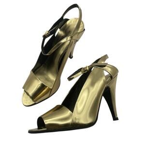 BCBGMAXAZRIA Size 6.5 Gold Metallic High Heels Strappy Open Toe Avantgarde Y2K